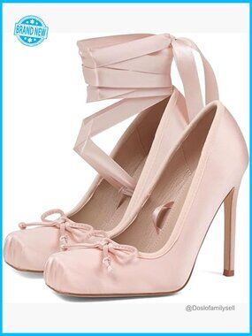Satin Ballerina Stiletto Heels with Detachable Ribbons Square Toe Lace-Up